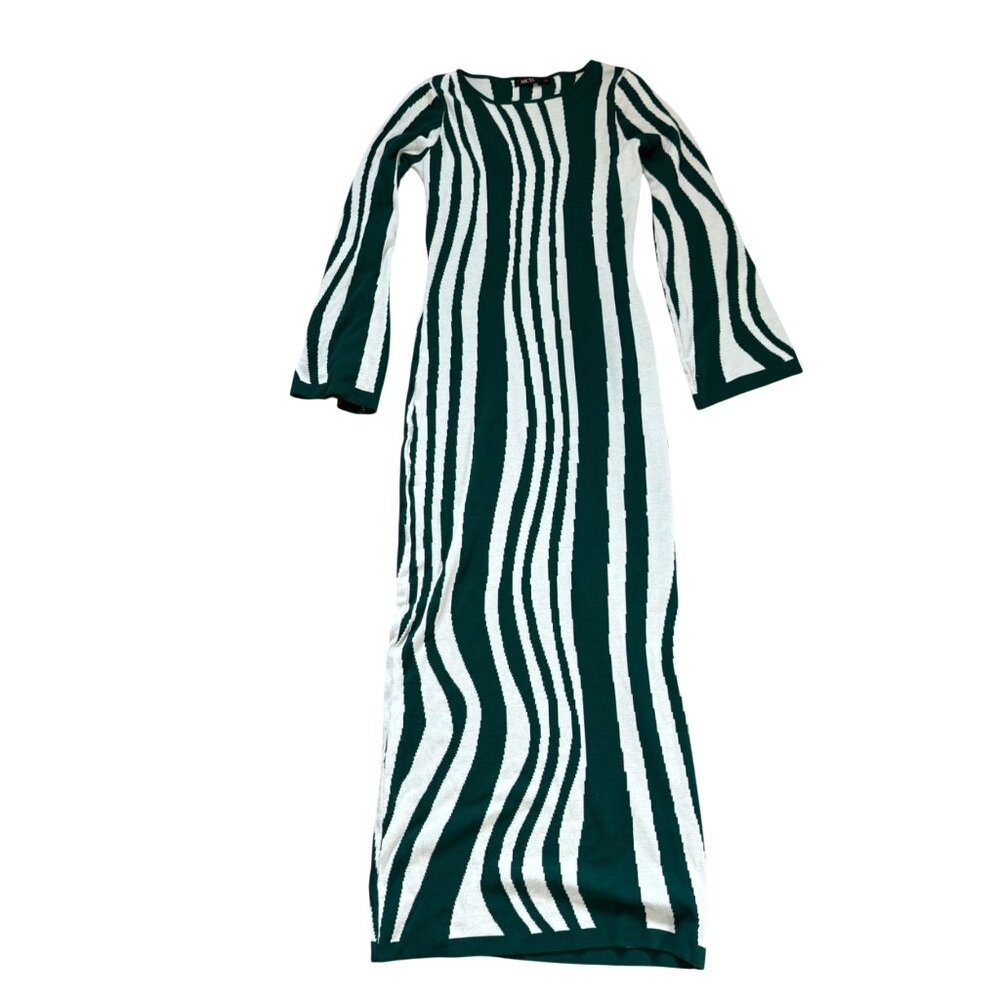 Micas Women's Maxi Dress Sz L Green White Striped Knit Long Sleeve Stretch